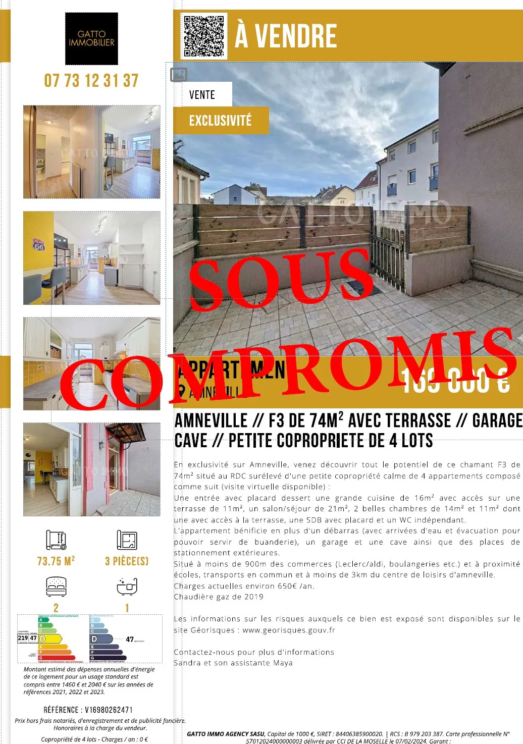 Appartement F3 à Amnéville avec Terrasse, Garage et Cave – 74m² au Rez-de-Rue Élevé