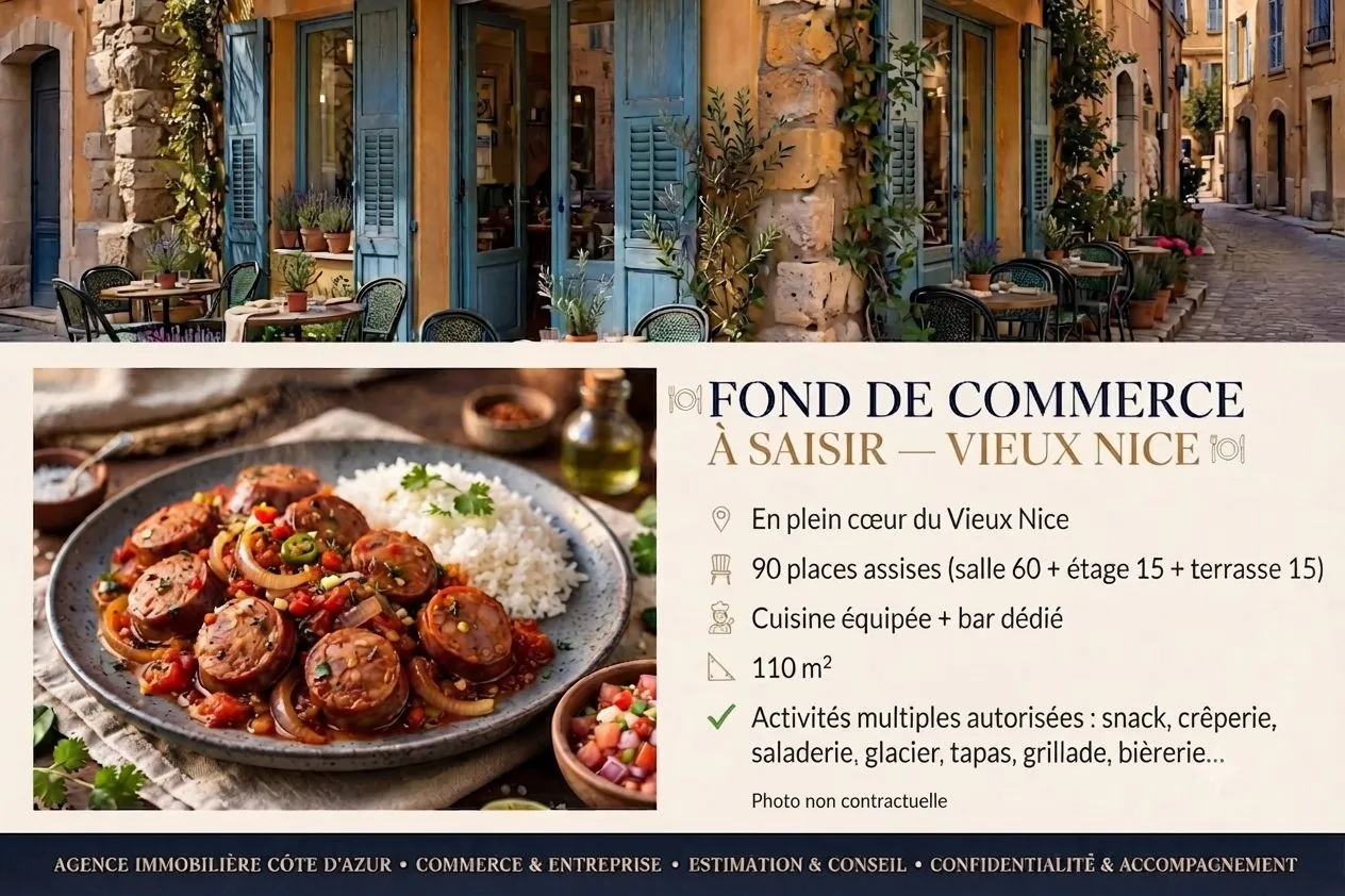 Fonds de commerce en restauration à Nice, emplacement privilégié avec bail 3 ans