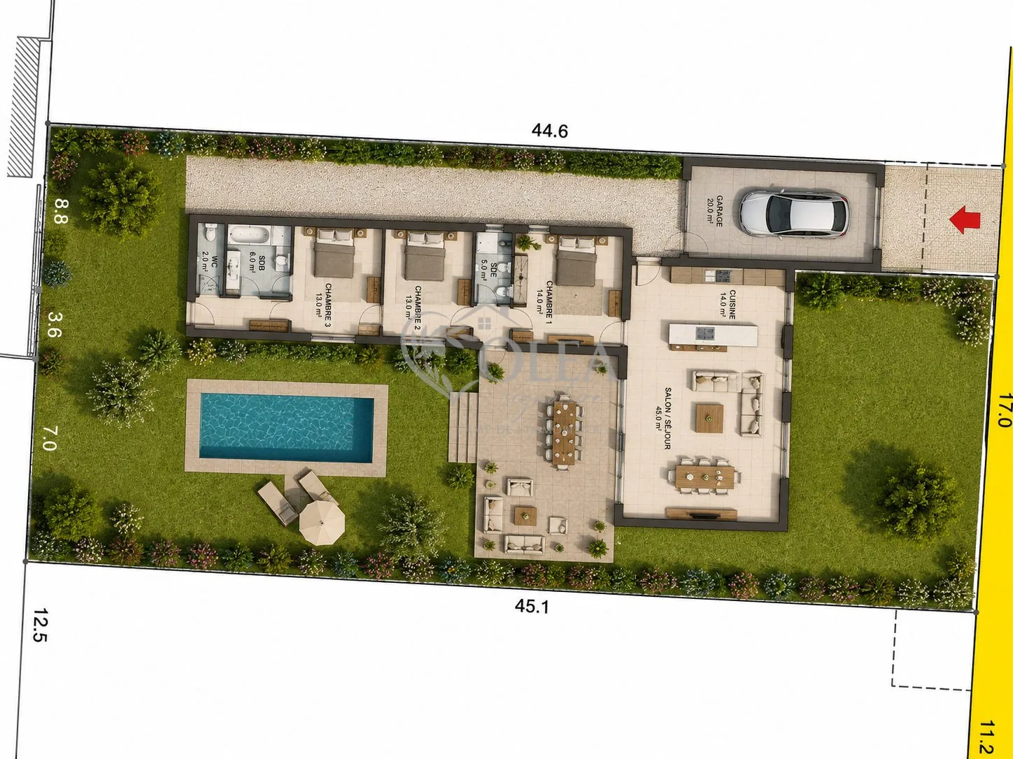 Surfaces et projet possible Terrain constructible de 815 m² à Saint-Quentin-la-Poterie, emplacement privilégié
