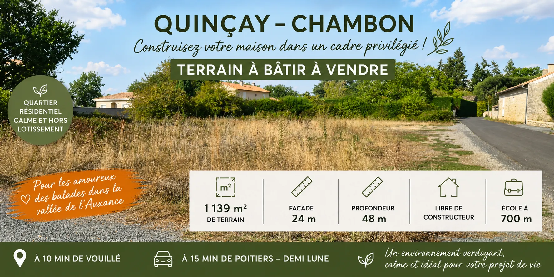 Terrain constructible à Quinçay, hors lotissement, proche des écoles et de la nature