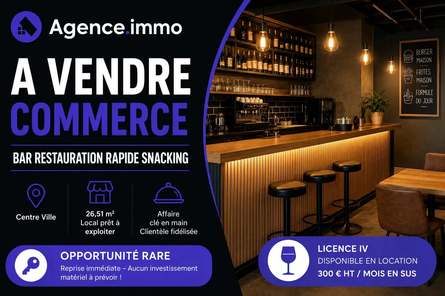 Vente de fonds de commerce bar et restauration rapide à Périgueux