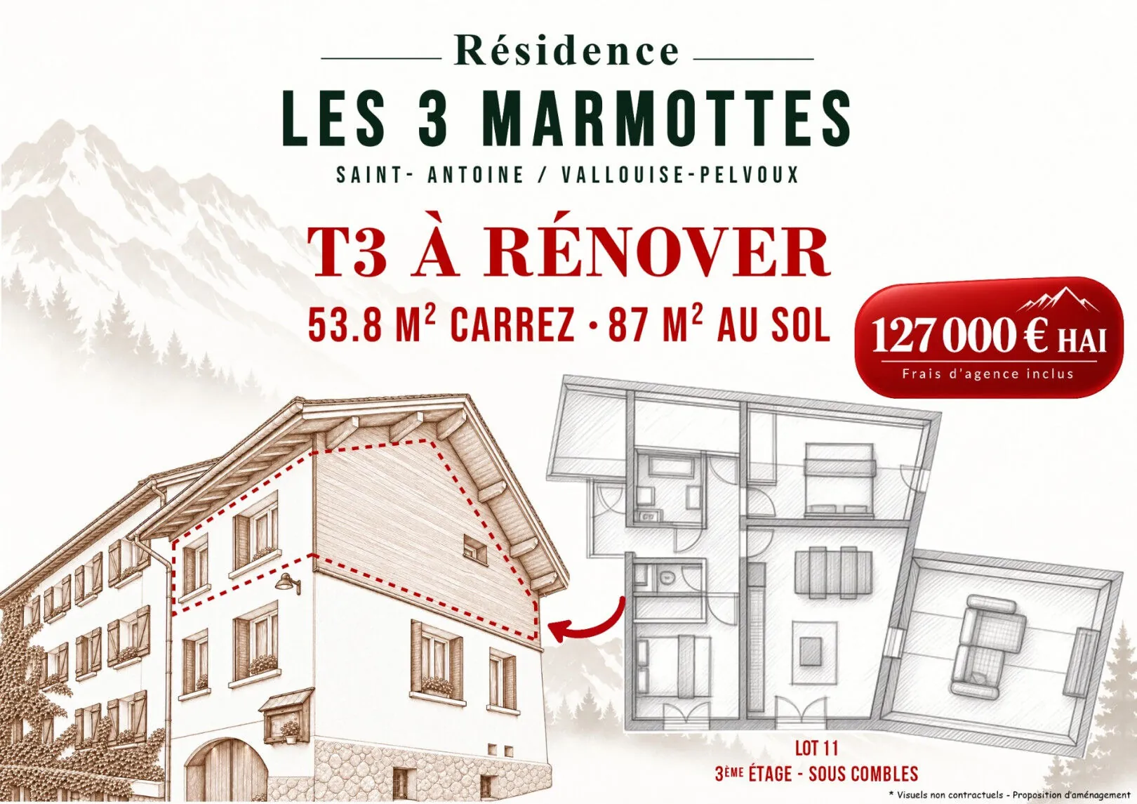 Appartement T3 à Vallouise-Pelvoux, 87 m² à rénover avec exposition sud
