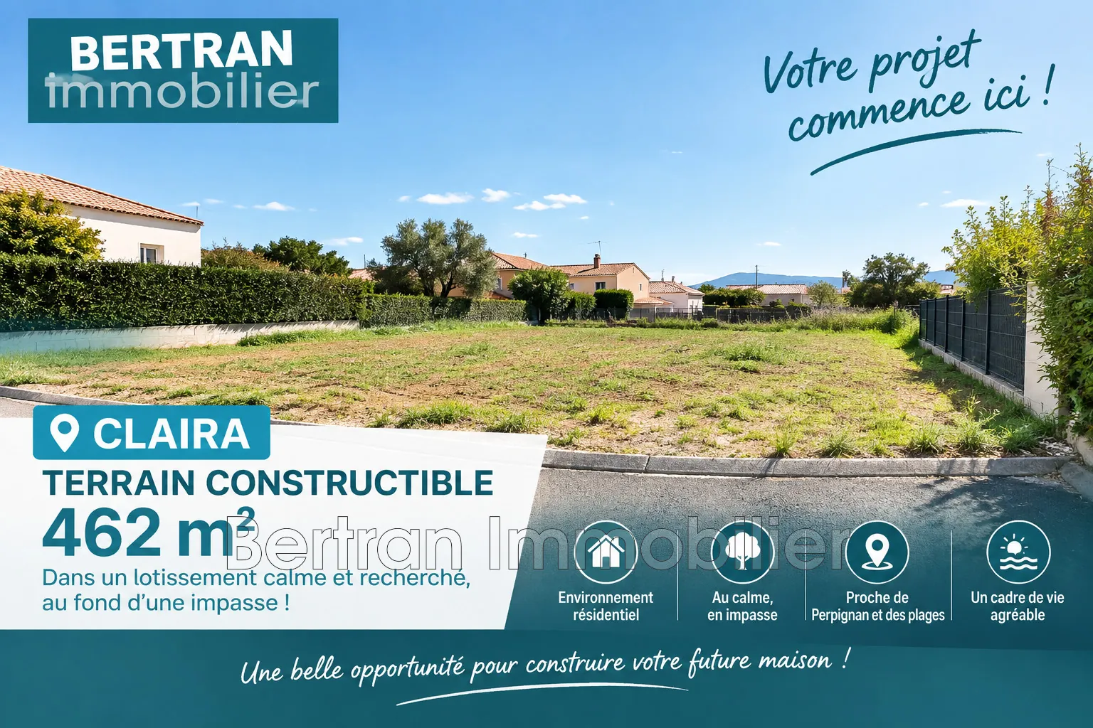 Terrain constructible de 462 m² à Claira, emplacement calme et résidentiel