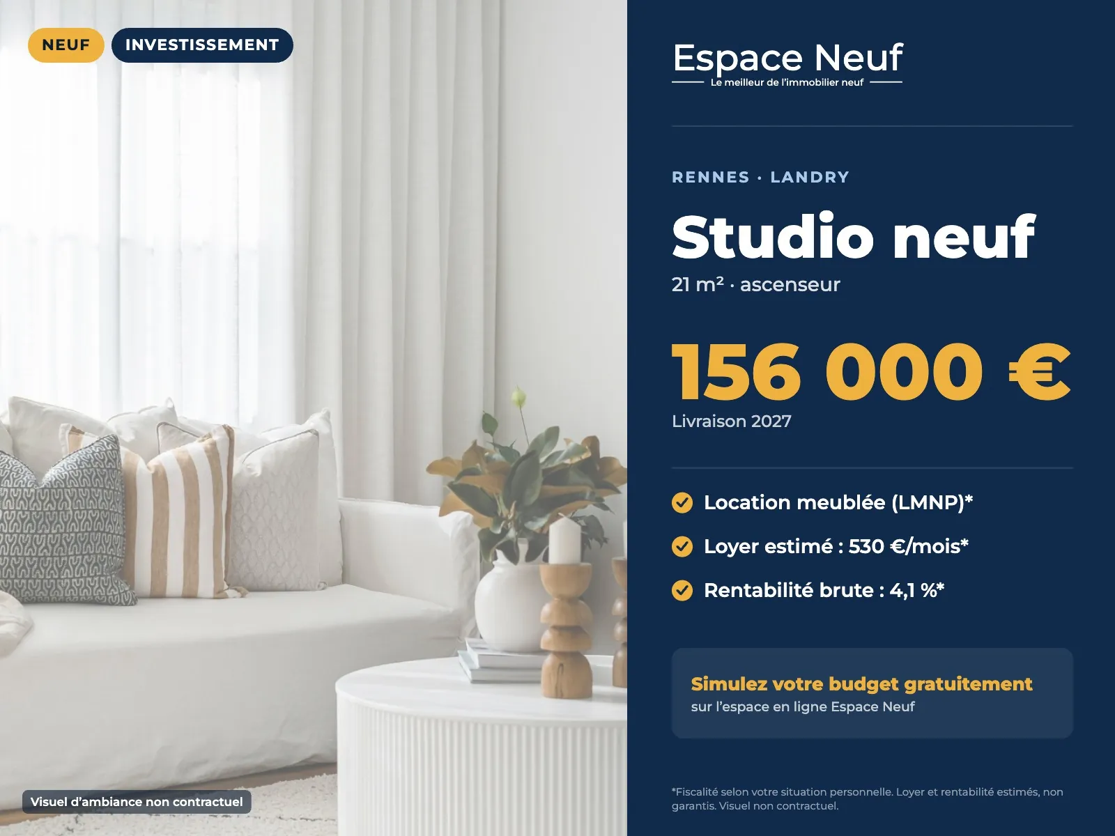 Studio neuf à Rennes – Investissement dans un secteur prisé avec rooftop et parkings possibles