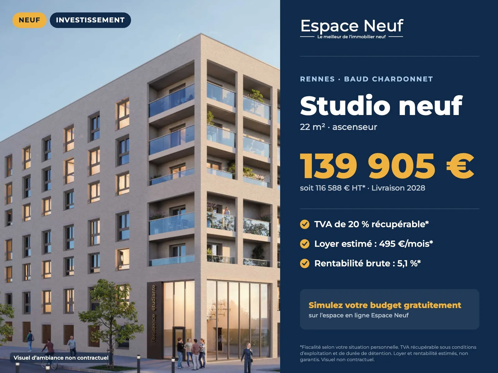 Studio neuf de 22 m² à Rennes, idéal pour investissement locatif à Baud-Chardonnet