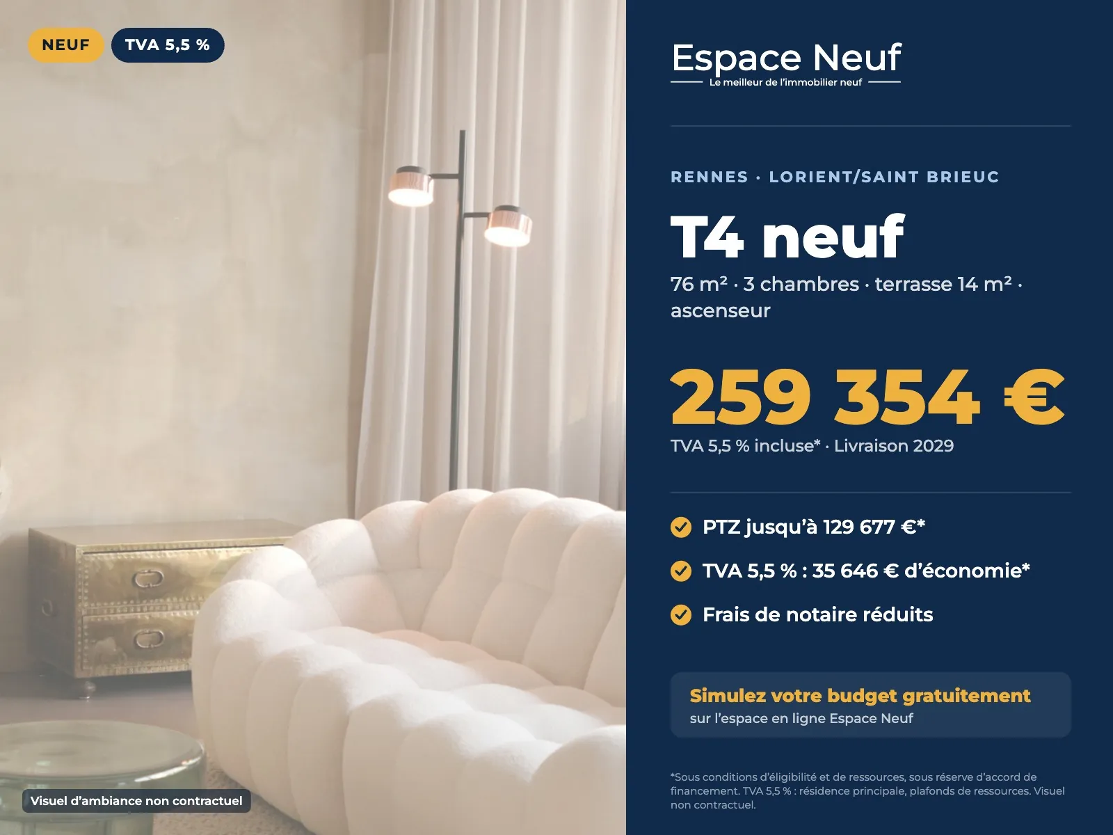 Appartement T4 neuf à Rennes avec grand balcon, éligible à la TVA réduite