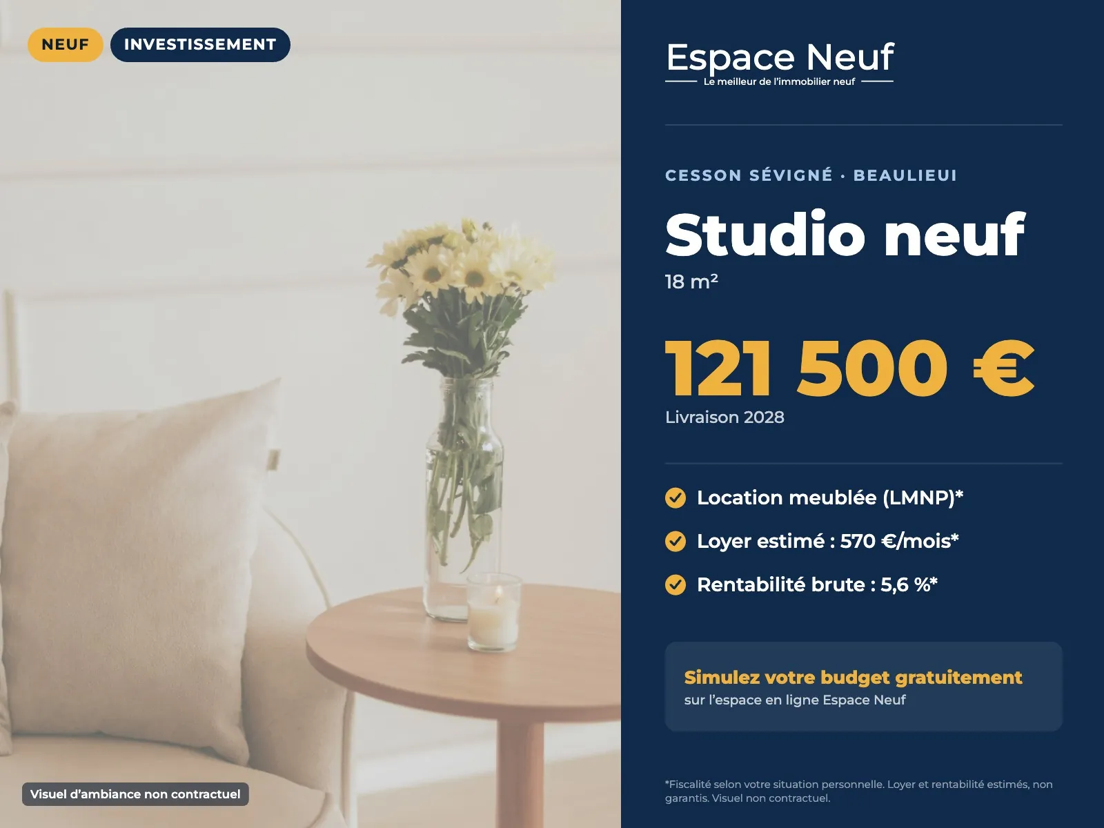 Studio neuf de 17 m² à Cesson-Sévigné, proche métro Atalante - Investissement rentable