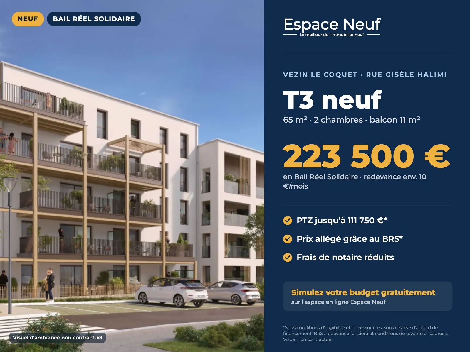 Appartement neuf T3 de 65 m² avec balcon à Vezin le Coquet en BRS et PTZ