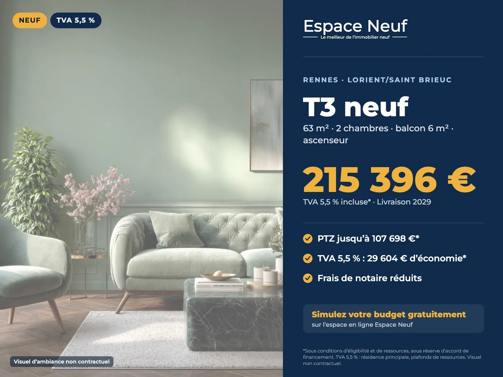 Appartement T3 neuf de 63 m² à Rennes rue de Saint-Brieuc avec parking et balcon