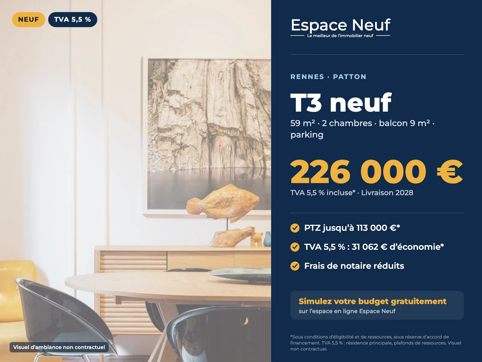 Appartement T3 neuf à Rennes avec balcon, éligible PTZ et TVA réduite