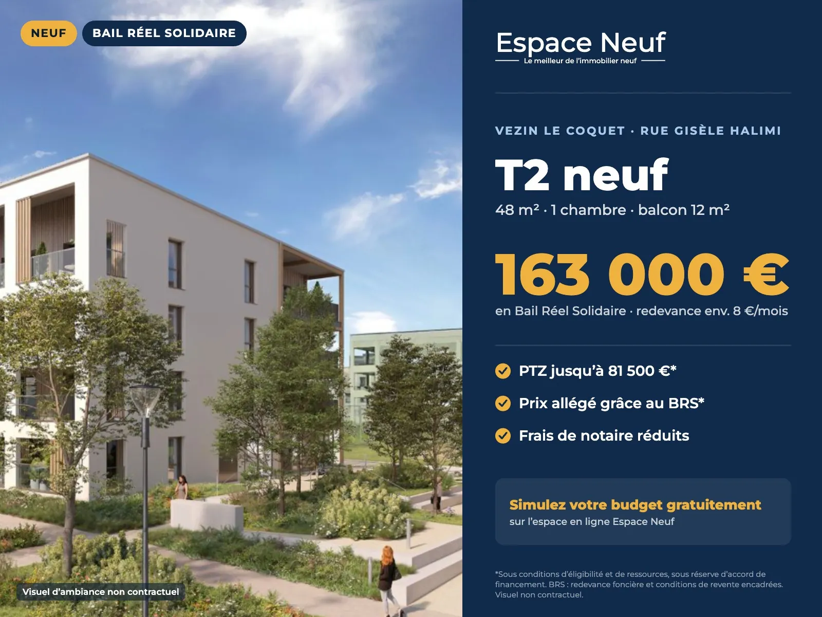 Appartement T2 neuf de 48 m² avec balcon à Vezin-le-Coquet en BRS et PTZ